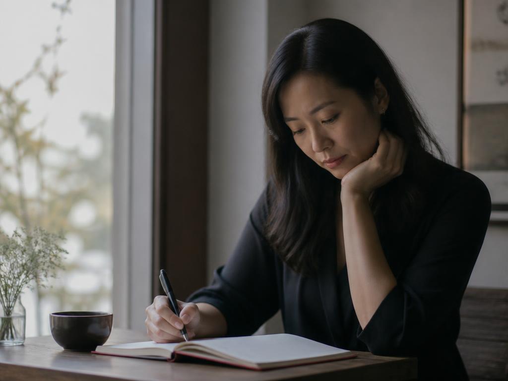 A participant writing reflection notes by a window